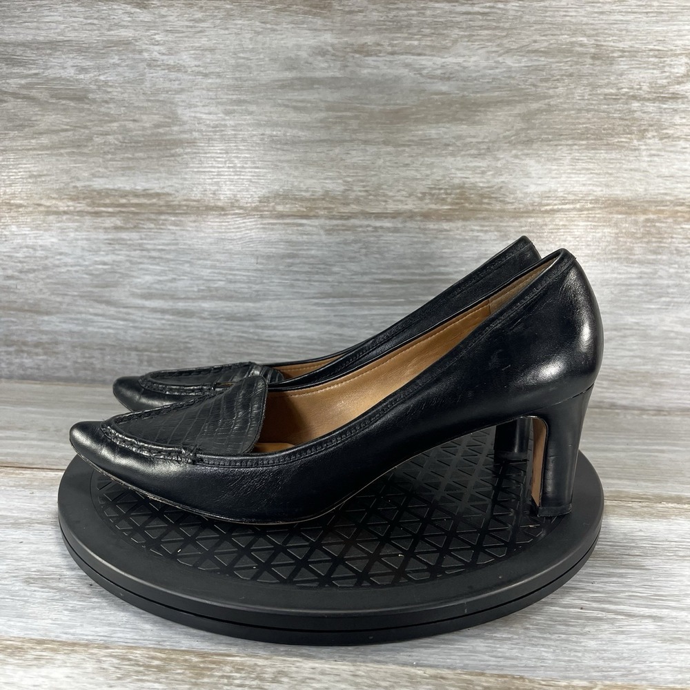 Ann Taylor Women's Black Leather Croc Vamp Heel Loafer Style Pump Size 9